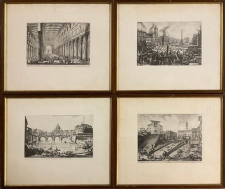 Gruppo di otto riproduzioni di antiche incisioni raffiguranti edifici e vedute