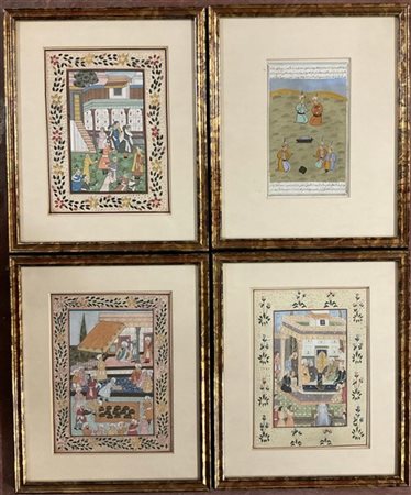 Arte persiana, lotto composto da tre dipinti a tempera su tessuto con scene inc
