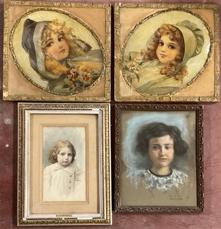 Lotto composto da due ritratti di fanciulle a pastelli e acquerelli, e una copp