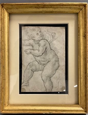 Antico disegno raffigurante putto, con al verso decorazione (cm12,6x9). In corn
