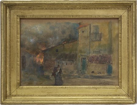 Silvio Bicchi "Incendio" pastelli colorati su carta (cm 26x37) Firmato in basso