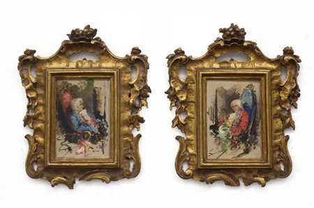 Firma indecifrata, coppia di dipinti ad olio su tavola raffiguranti "Nobili" (c