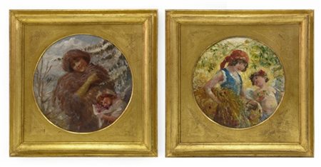 E. Grossi "Inverno" e "Estate" coppia di dipinti ad olio su cartone (cm 27x28) F