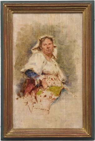 Roberto Fontana "Contadina" olio su cartone (cm 17x11) Firmato in basso a sinist