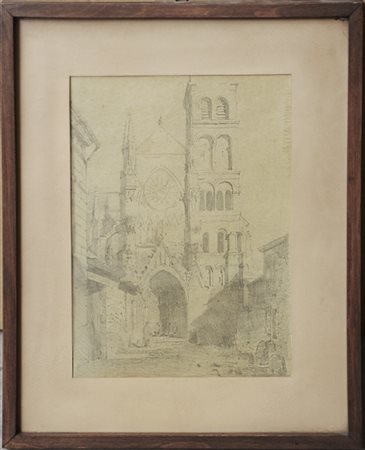 Ignoto del secolo XIX "Vedute di monumenti" tre disegni a matita nera su carta