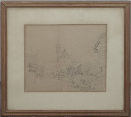 Ignoto del secolo XIX "Veduta di cattedrale" matita nera su carta (mm 305x360 c