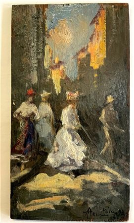 Pompeo Mariani "Figure sul corso" '98, olio su tavola (cm 19x10.5) Firmato locat