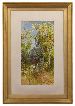 Lorenzo Gignous "Bosco con figure" olio su compensato (cm 30x16) Firmato in bass