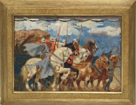 Carlo Gaudina "Studio per Torneo" olio su cartone (cm 46x64) Firmato al retro. I