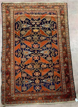 Tappeto Ferahkan, Persia, fine secolo XIX. Decoro geometrico rosso su fondo blu