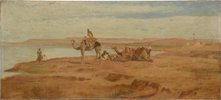 Firma indecifrata "La sosta" olio su tela (cm 51.5x113) Siglato e datato 1886 i