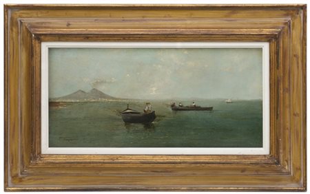 Ignoto "Golfo di Napoli" olio su tavola (cm 26x54) Reca iscrizione P.Fragiacomo