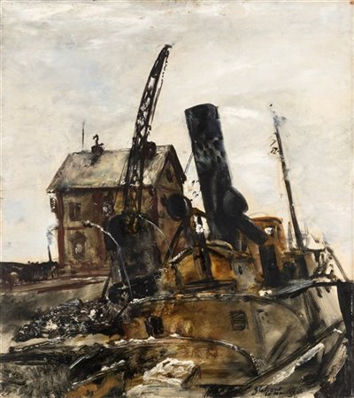 Guido Tallone "Porto di Le Havre" olio su compensato (cm 70x60) Firmato e locato