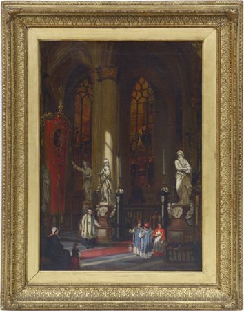 E. Haag "Interno di chiesa" olio su tela (cm 68x48) Firmato in basso a destra. I