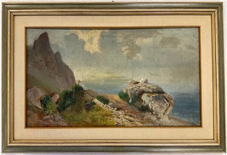 Uberto Dell' Orto "Marina con scogli" olio su tela (cm 39x68) In cornice (difett