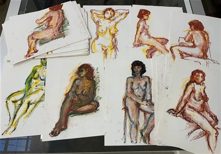 Lotto di due cartelle contenenti numerosi disegni a pastello e tempera con stud