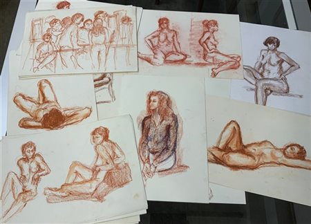 Cartella contenente numerosi disegni a pastello con studi di posa per nudi femm