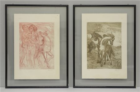 Aligi Sassu Lotto composto da due acqueforti acquetinte a colori raffiguranti ca