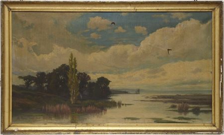 A. Nussi "Paesaggio lacustre" 1882, olio su tela (cm 62x110) Firmato e datato in