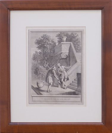 Incisione francese del secolo XIX intitolata "Le jardinier et son seigneur" (cm
