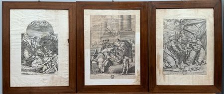 Lotto di tre incisioni del secolo XVIII. In cornici (difetti)