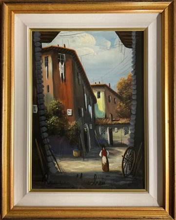 Romano Mussolini "Cortile di cascinale" olio su faesite (cm 39x28) firmato in ba