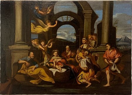 Scuola veneta fine secolo XVIII "Adorazione dei pastori" olio su tela (cm 50x65