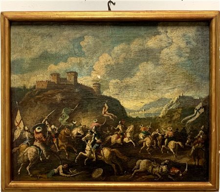 Ignoto, antico dipinto raffigurante "Scena di battaglia alle pendici di un cast