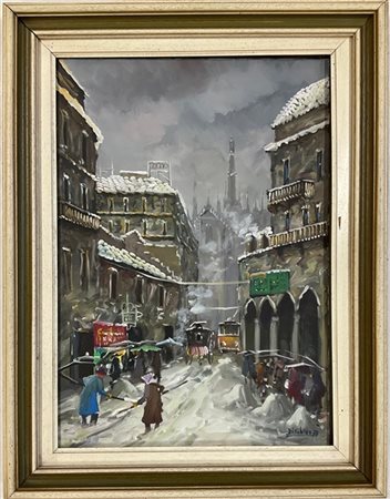 Di Saturno "Neve a Milano" 1974, olio su tela (cm 70x50) Firmato e datato in bas
