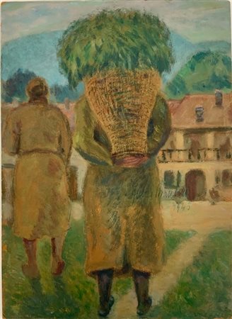 Dino Villani "La gerla" olio su cartoncino, (cm 36,5x27), firmato in basso a des