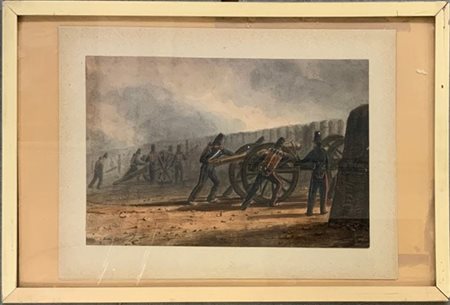 Scuola fine secolo XIX “Battaglia con cannonieri” acquarello su carta (cm 17 x