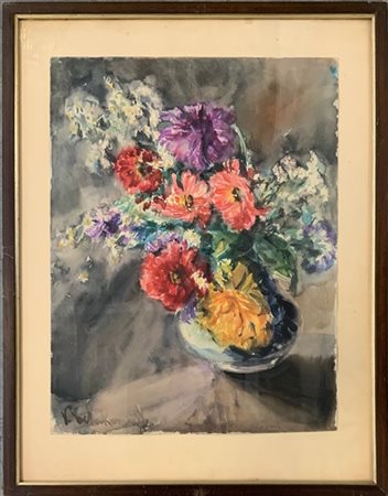 Firma Indecifrata “Vaso con fiori” acquarello su carta, (cm. 51 x 38), firmato