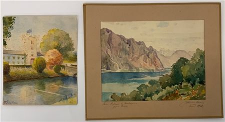 Firme indecifrate, lotto composto da 2 acquarelli raffiguranti paesaggi, firmat