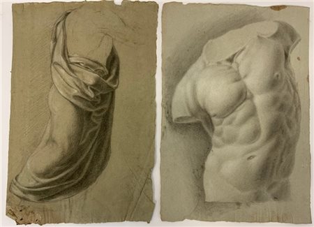 Scuola del secolo XVIII “Studi per veste e torso” due disegni a matita e biacca