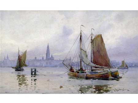 Douglas Snowdon (1919-?) Marina Acquarello su carta Firmato Misure 27x45 cm