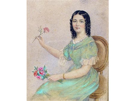 Illeggibile (XIX secolo) Ragazza con fiori Acquarello su carta Misure 12.3x10 cm