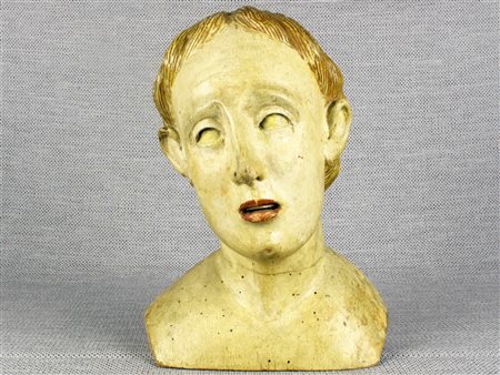 XVII secolo Testa di manichino devozionale Legno policromo Altezza 28 cm