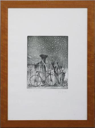 Tino Aime "Bici e salici" 
acquaforte
(lastra cm 32x24,5; foglio cm 70x50)
firma