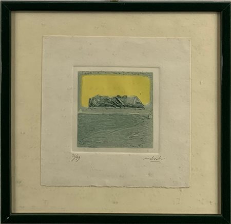 Carlo Mattioli "Senza titolo" 
acquaforte e acquatinta a colori
(lastra cm 12x12