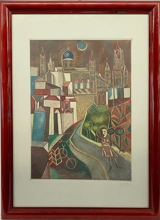 Franco Gentilini "Senza titolo" 
acquaforte e acquatinta a colori - prova d'arti