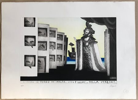 Emanuele Luzzati "Il turco in Italia" 1984
acquaforte e acquatinta
(lastra cm 35