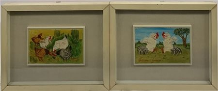 Giuseppe Panizza lotto composto da due oli su cartone telato raffiguranti galli