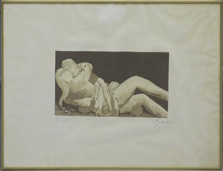 Giacomo Manzù "Senza titolo" 
acquaforte e acquatinta a colori
(lastra cm 19,5x3