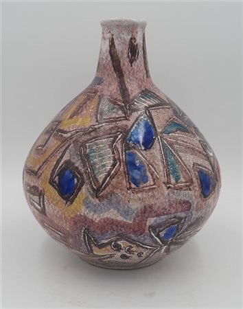 Sciutto Vaso bottiglia in ceramica smaltata in policromia con motivi geometrici.