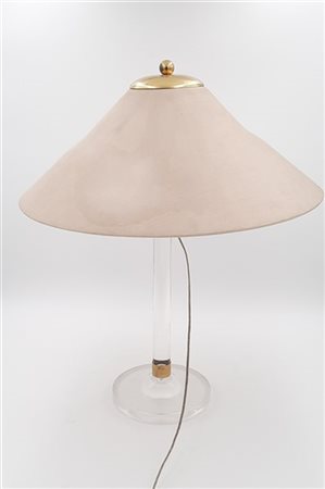 Lampada da tavolo con fusto in plexiglass trasparente incolore, paralume in tes