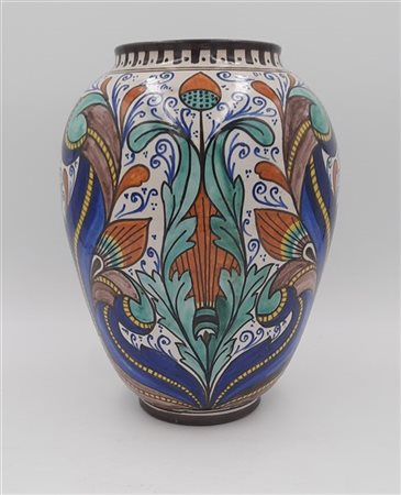 Minardi (Attribuito) Vaso in ceramica con decoro policromo smaltato sotto vetrina