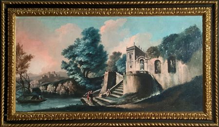 Coppia di dipinti: Veduta del Tevere a carattere archeologico con personaggi, XVIII century