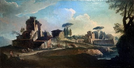 Locatelli, Andrea (Roma 19.02.1695-Roma 19.02.1741)  - Veduta del Tevere a carattere archeologico con personaggi, XVIII century