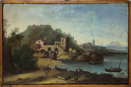Giuseppe Zais (ambito di) (Forno di Canale 22/03/1709-Treviso 29/12/1781)  - Paesaggio con case, barche e personaggi, XVIII century