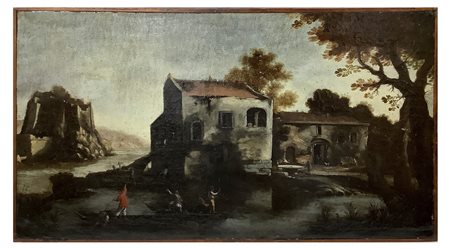 Giuseppe Zais (cerchia di) (Forno di Canale 22/03/1709-Treviso 29/12/1781)  - Paesaggi fluviale con alberi frondosi, barche con pescatori, case e torri in lontananza, XVIII century